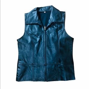 VINTAGE Black Leather Biker Vest S Zip Mesh Back